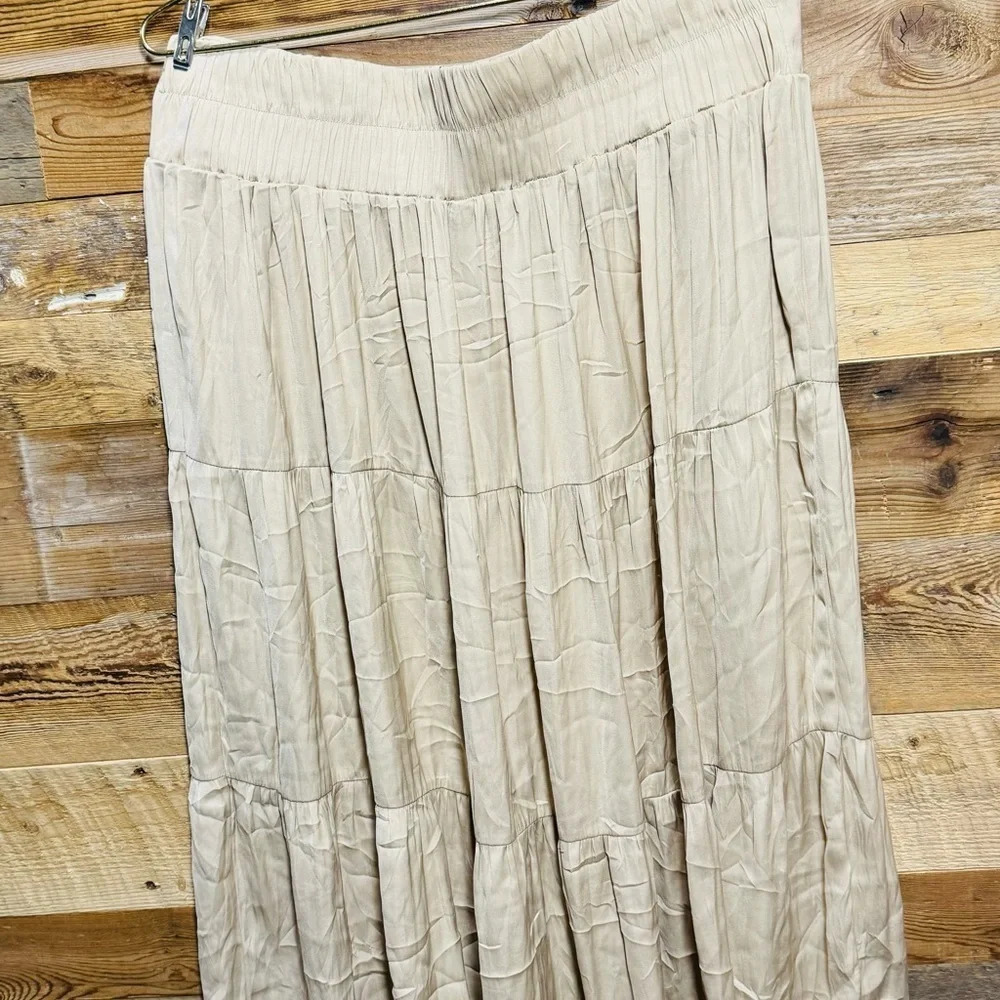 SOYA CONCEPT beige tan midi skirt tiered satin silky flowy light office boho XL